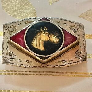 VTG Western Silver Plated Belt Buckle Gold Tone Horse Black Enamel Acrylic